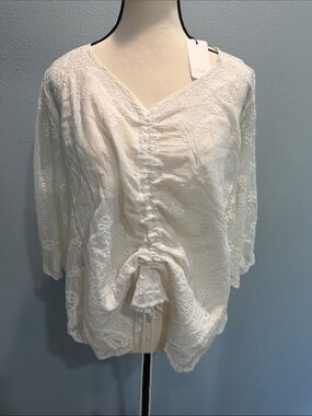 LAWLESS Cream Embroidered V-Neck Drawstring Blouse